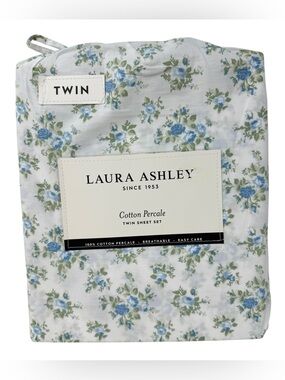 Laura Ashley Twin Size Sheet Set Taylor Blue Floral Cotton Percale NWT